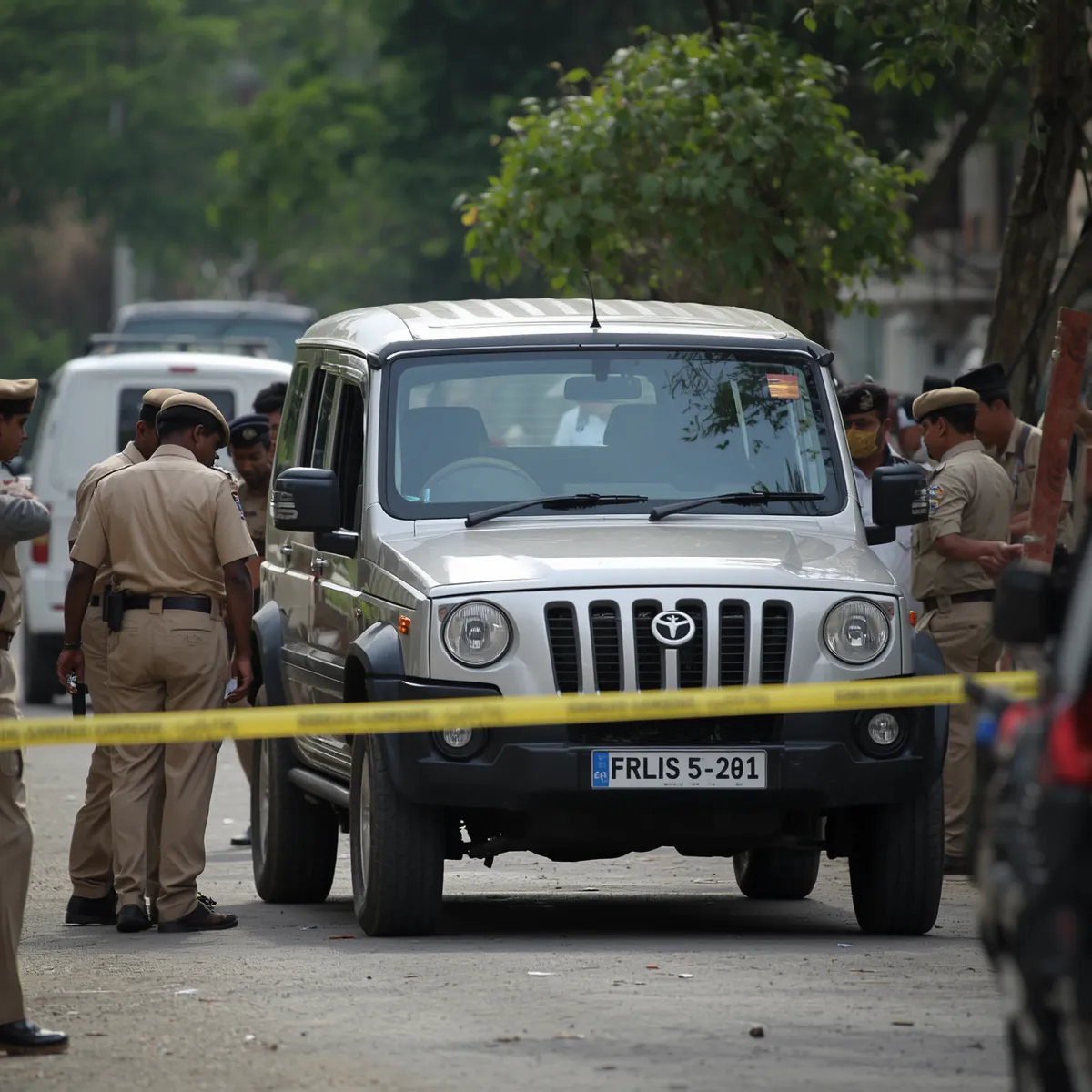 Crime scene investigation with a Mahindra Bolero SUV, police officers exami_20260520_002023_0000